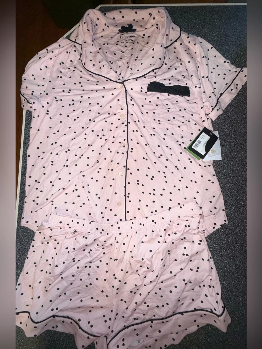 Kate Spade NWT!!  Pink and Black Polka Dot 2 Piece Pajama Set Size Adult Medium